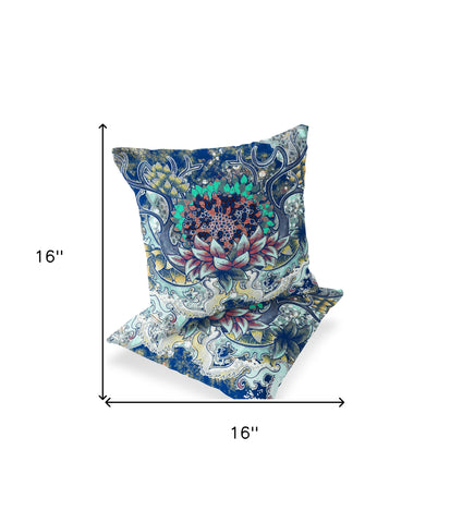 Set of Two 16" X 16" Blue and Yellow Blown Seam Floral Indoor Outdoor Throw Pillow