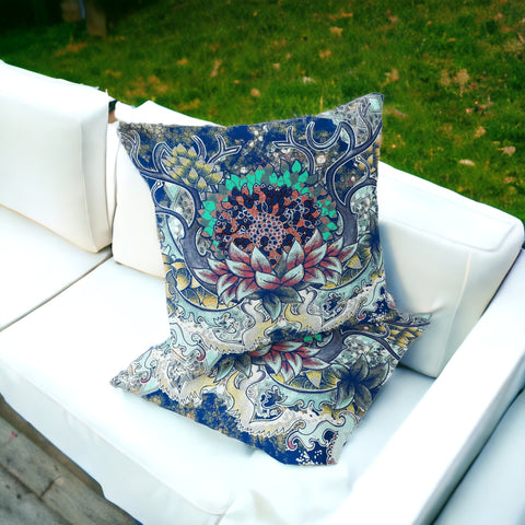 Set of Two 16" X 16" Blue and Yellow Blown Seam Floral Indoor Outdoor Throw Pillow