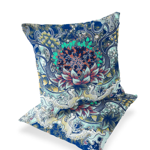 Set of Two 16" X 16" Blue and Yellow Blown Seam Floral Indoor Outdoor Throw Pillow