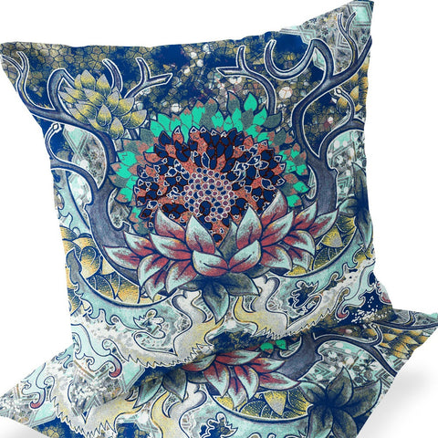 Set of Two 16" X 16" Blue and Yellow Blown Seam Floral Indoor Outdoor Throw Pillow