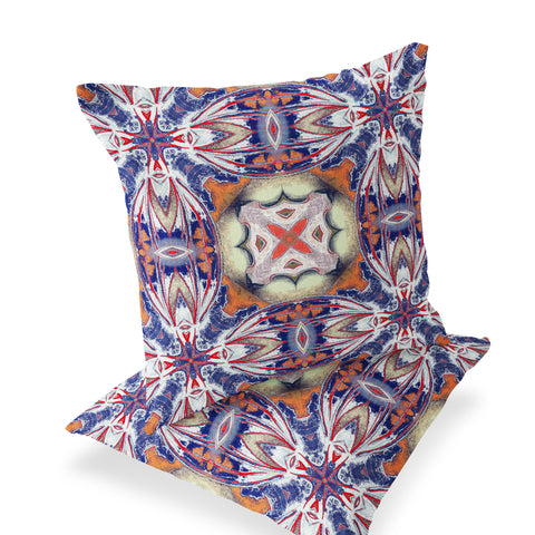 Set of Two 16" X 16" Blue and Orange Blown Seam Floral Indoor Outdoor Throw Pillow