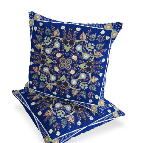 Set of Two 16" X 16" Blue and Green Blown Seam Paisley Indoor Outdoor Throw Pillow