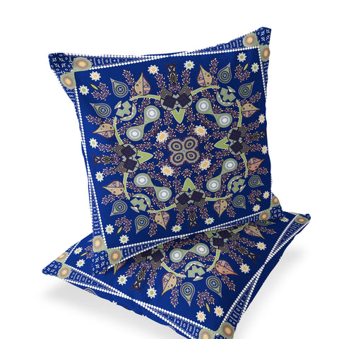 Set of Two 16" X 16" Blue and Green Blown Seam Paisley Indoor Outdoor Throw Pillow