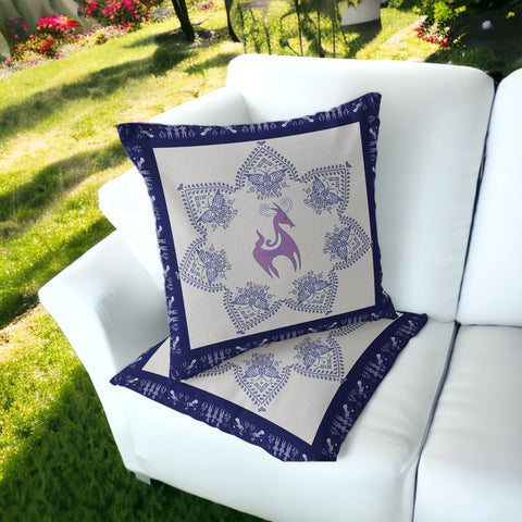 Set of Two 16" X 16" Blue and Purple Horse Blown Seam Eclectic Indoor Outdoor Throw Pillow