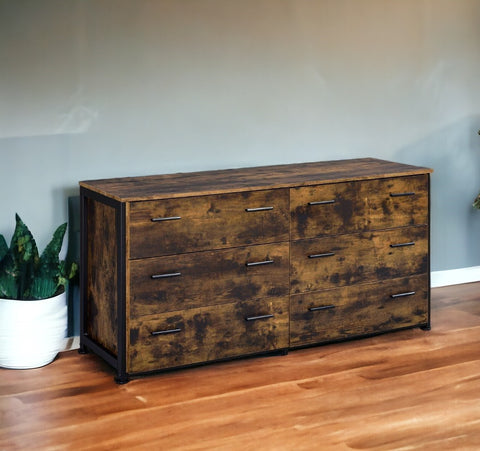 59" Brown and Black Six Drawer Double Dresser