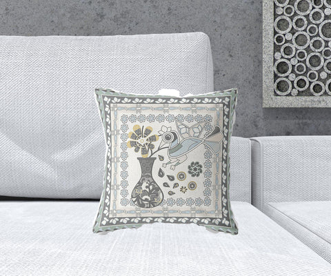 16" x 16" Cream Peacock Blown Seam Floral Indoor Outdoor Throw Pillow