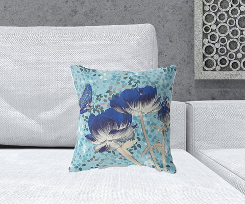 16" x 16" Blue Butterfly Blown Seam Floral Indoor Outdoor Throw Pillow