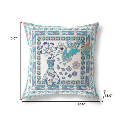 18" x 18" Off White Peacock Blown Seam Floral Indoor Outdoor Throw Pillow