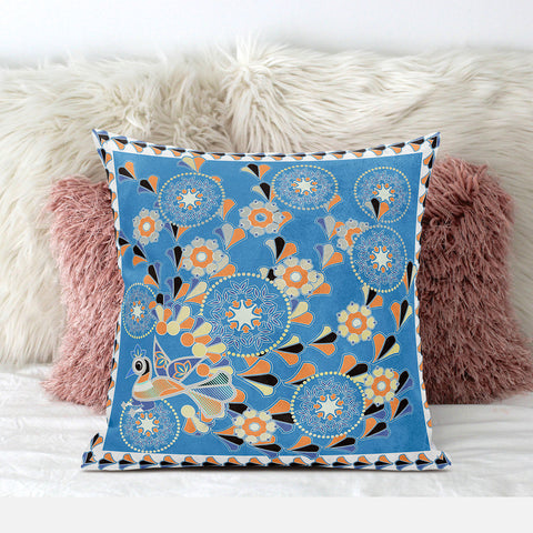 28" x 28" Blue and Orange Peacock Blown Seam Floral Indoor Outdoor Throw Pillow