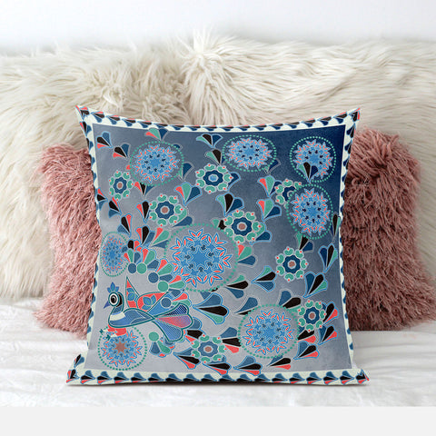 20" x 20" Blue and White Peacock Blown Seam Floral Indoor Outdoor Throw Pillow