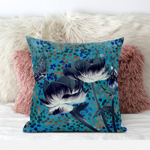 18" x 18" Blue and Green Butterfly Blown Seam Floral Indoor Outdoor Throw Pillow