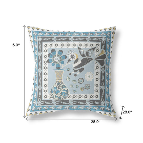 28" x 28" Blue and White Peacock Blown Seam Floral Indoor Outdoor Throw Pillow