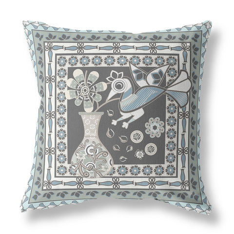 26" x 26" Black and Blue Peacock Blown Seam Floral Indoor Outdoor Throw Pillow