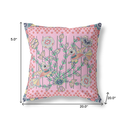 20" x 20" Pink Peacock Blown Seam Floral Indoor Outdoor Throw Pillow