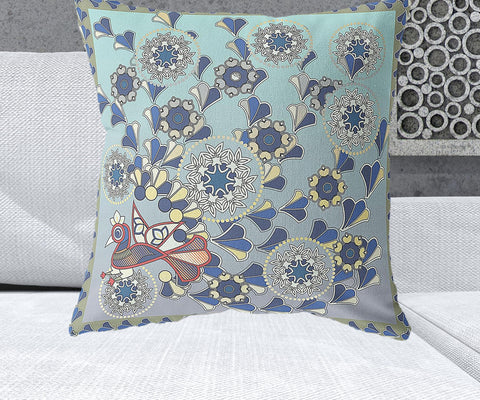 26" x 26" Aqua Peacock Blown Seam Floral Indoor Outdoor Throw Pillow