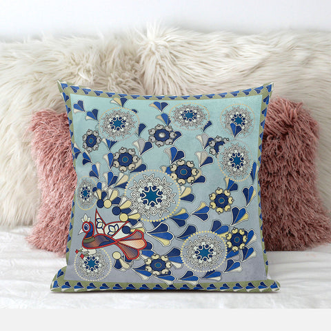 26" x 26" Aqua Peacock Blown Seam Floral Indoor Outdoor Throw Pillow