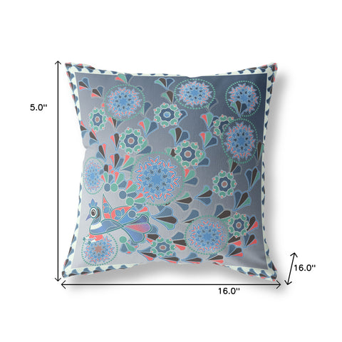 16" x 16" Blue and White Peacock Blown Seam Floral Indoor Outdoor Throw Pillow