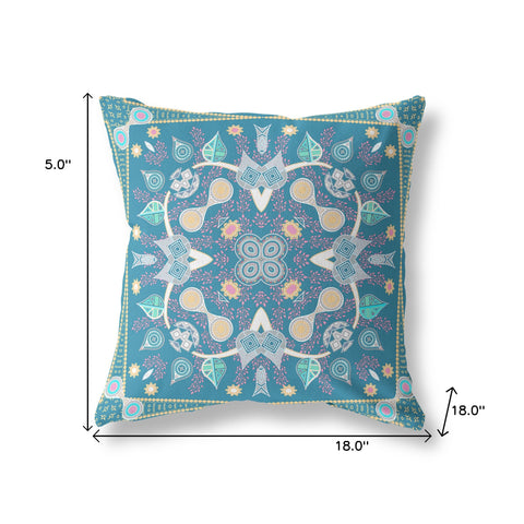 18" x 18" Aqua Blown Seam Paisley Indoor Outdoor Throw Pillow