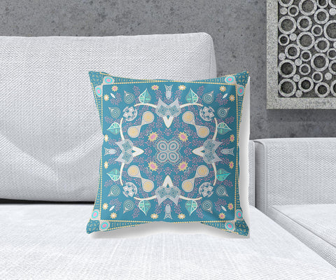 18" x 18" Aqua Blown Seam Paisley Indoor Outdoor Throw Pillow