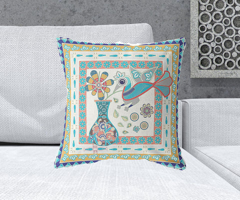 20" x 20" Blue and Beige Peacock Blown Seam Floral Indoor Outdoor Throw Pillow