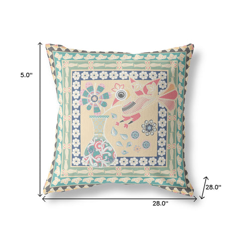 28" x 28" Beige Peacock Blown Seam Floral Indoor Outdoor Throw Pillow