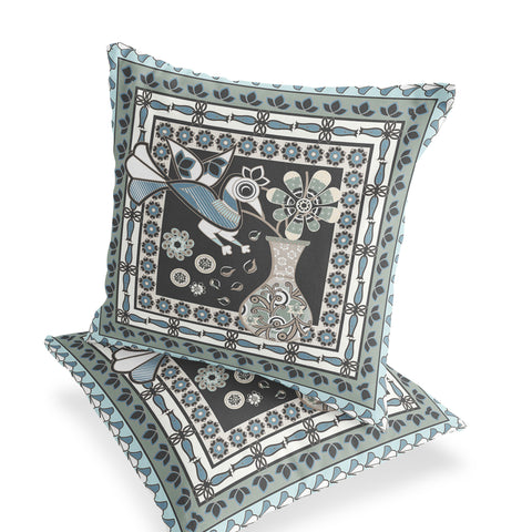 Set of Two 16" X 16" Black and Blue Peacock Blown Seam Floral Indoor Outdoor Throw Pillow