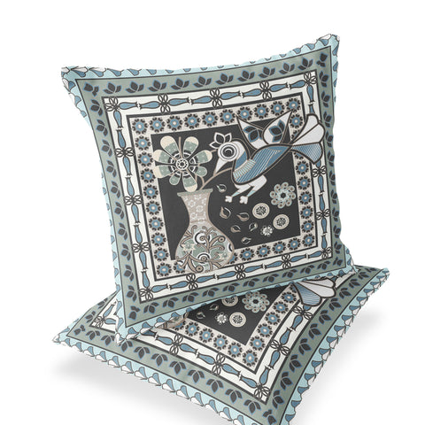 Set of Two 16" X 16" Black and Blue Peacock Blown Seam Floral Indoor Outdoor Throw Pillow