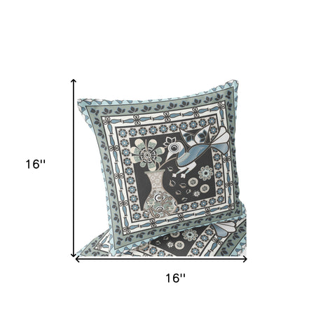 Set of Two 16" X 16" Black and Blue Peacock Blown Seam Floral Indoor Outdoor Throw Pillow