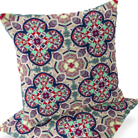 Set of Two 16" X 16" Green and Red Blown Seam Floral Indoor Outdoor Throw Pillow