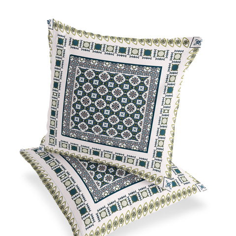 Set of Two 16" X 16" Green and White Blown Seam Floral Indoor Outdoor Throw Pillow