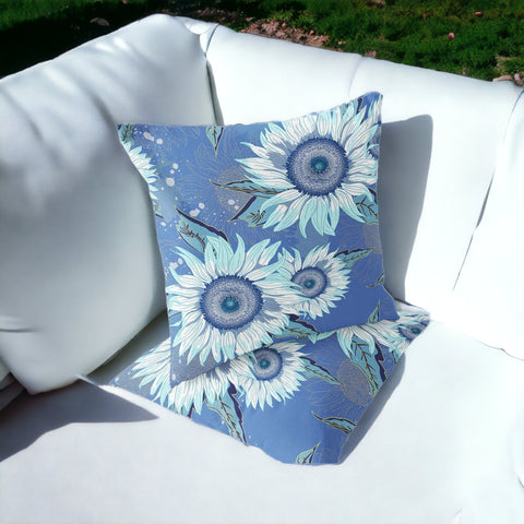 Set of Two 16" X 16" Blue and White Blown Seam Floral Indoor Outdoor Throw Pillow