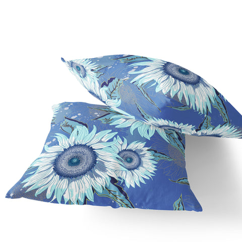 Set of Two 16" X 16" Blue and White Blown Seam Floral Indoor Outdoor Throw Pillow