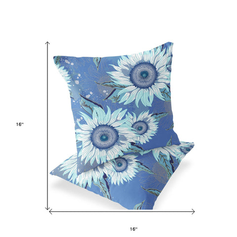 Set of Two 16" X 16" Blue and White Blown Seam Floral Indoor Outdoor Throw Pillow