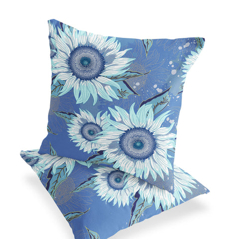 Set of Two 16" X 16" Blue and White Blown Seam Floral Indoor Outdoor Throw Pillow