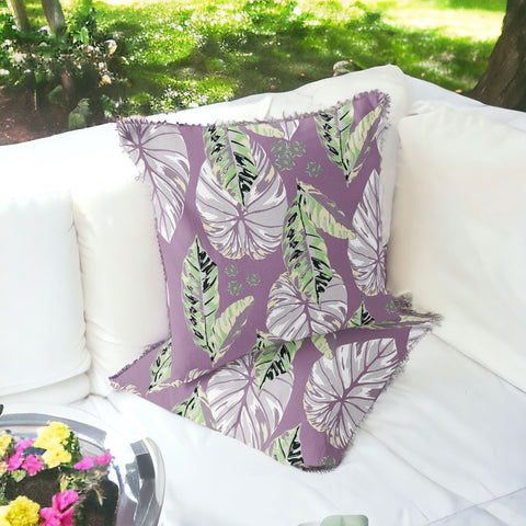 Set of Two 16" X 16" Purple and White Botanical Indoor Outdoor Throw Pillow