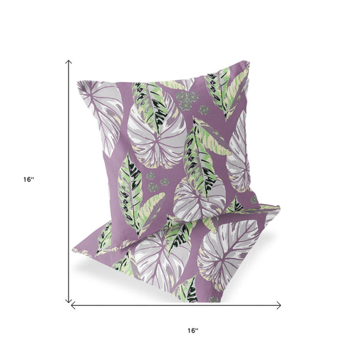 Set of Two 16" X 16" Purple and White Botanical Indoor Outdoor Throw Pillow