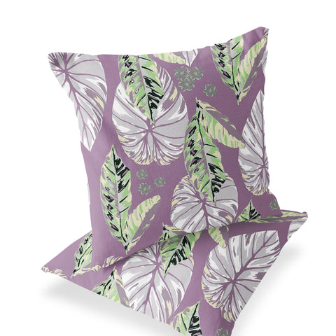 Set of Two 16" X 16" Purple and White Botanical Indoor Outdoor Throw Pillow