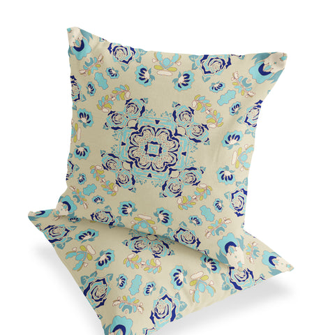 Set of Two 16" X 16" Blue and Off White Blown Seam Floral Indoor Outdoor Throw Pillow