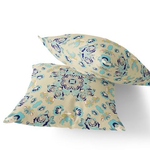 Set of Two 16" X 16" Blue and Off White Blown Seam Floral Indoor Outdoor Throw Pillow