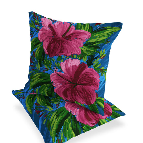 Set of Two 16" X 16" Blue and Pink Blown Seam Floral Indoor Outdoor Throw Pillow