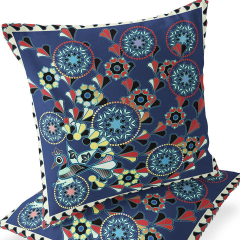 Set of Two 16" X 16" Blue and Off White Peacock Blown Seam Floral Indoor Outdoor Throw Pillow