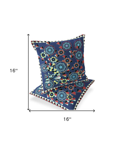 Set of Two 16" X 16" Blue and Off White Peacock Blown Seam Floral Indoor Outdoor Throw Pillow