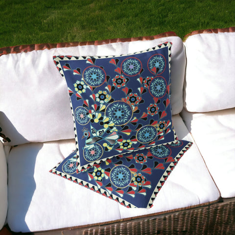 Set of Two 16" X 16" Blue and Off White Peacock Blown Seam Floral Indoor Outdoor Throw Pillow