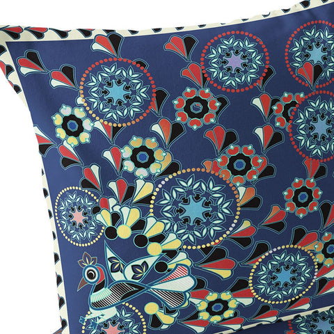 Set of Two 16" X 16" Blue and Off White Peacock Blown Seam Floral Indoor Outdoor Throw Pillow