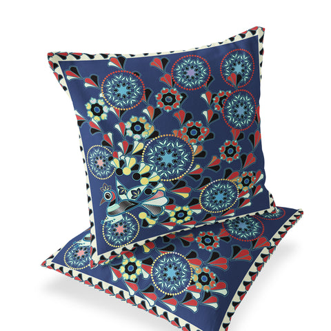 Set of Two 16" X 16" Blue and Off White Peacock Blown Seam Floral Indoor Outdoor Throw Pillow