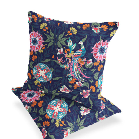 Set of Two 16" X 16" Blue and Pink Peacock Blown Seam Eclectic Indoor Outdoor Throw Pillow