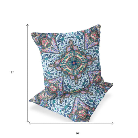 Set of Two 16" X 16" Blue and Pink Blown Seam Floral Indoor Outdoor Throw Pillow