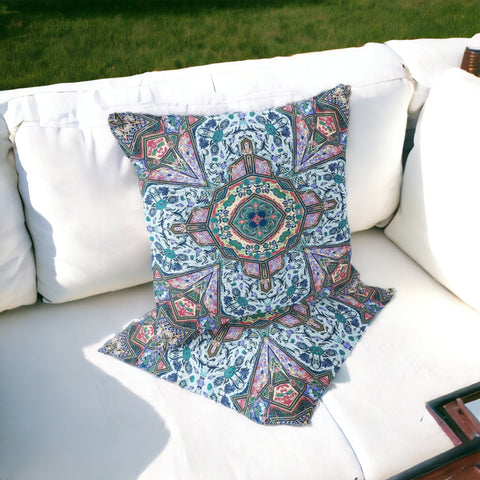 Set of Two 16" X 16" Blue and Pink Blown Seam Floral Indoor Outdoor Throw Pillow