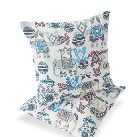 Set of Two 16" X 16" Beige and Blue Elephant Blown Seam Eclectic Indoor Outdoor Throw Pillow