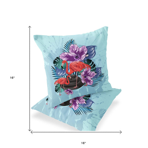 Set of Two 16" X 16" Blue Flamingo Blown Seam Indoor Outdoor Throw Pillow